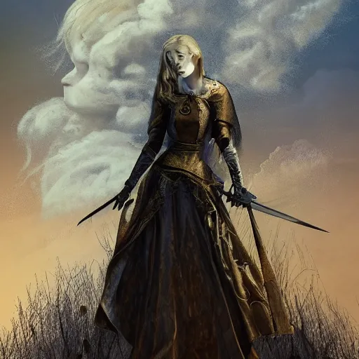 Image similar to Elle Fanning in the painted world of Dark Souls, head and shoulders masterpiece, apocalypse, golden hour, cosmic horror, artstation, in the style of Renaissance, extremely detailed