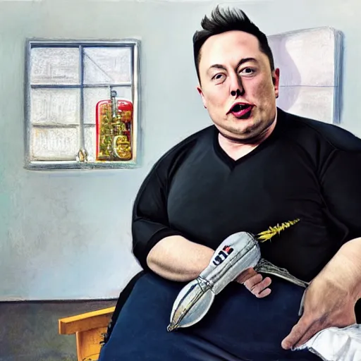 Image similar to stunning award winning hyperrealistic hdr 8 k highly detailed portrait photo of morbidly obese elon musk eating a rocket