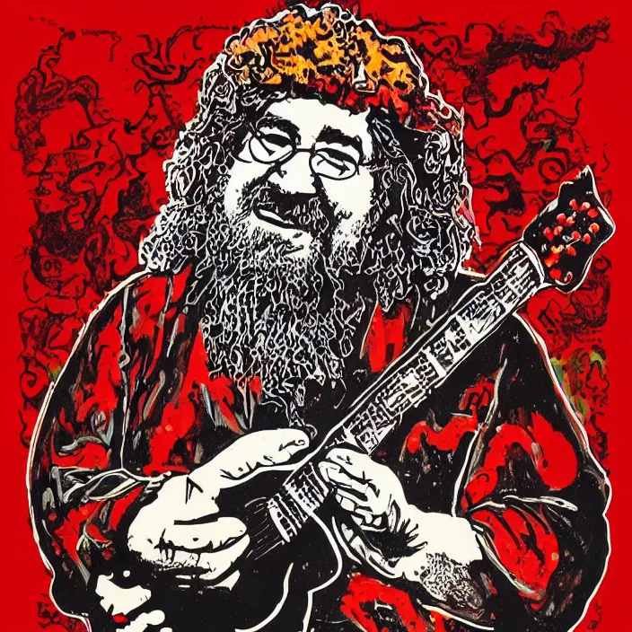 Prompt: jerry garcia with mushrooms, bright red font