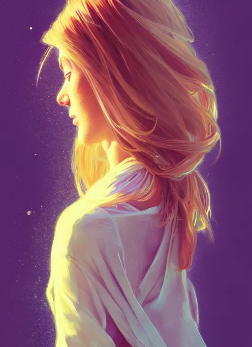 Prompt: handsome young women with shoulder length blonde hair, epic, half body shot, path traced, highly detailed, high quality, digital painting, alena aenami, lilia alvarado, shinji aramaki, karol bak, alphonse mucha, tom bagshaw