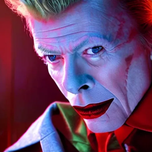 Image similar to awe inspiring David Bowie pkaying The Joker 8k hdr movie still dynamic lighting