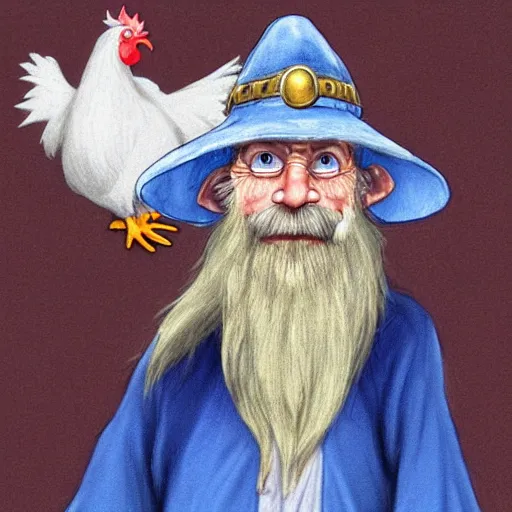 Image similar to character concept art of a kind old wizard with a long white beard looking a confused, holding a pet chicken perched top of his hat, wearing a blue robe, blue eyes, realistic, detailed, trending on ArtStation, by John Howe