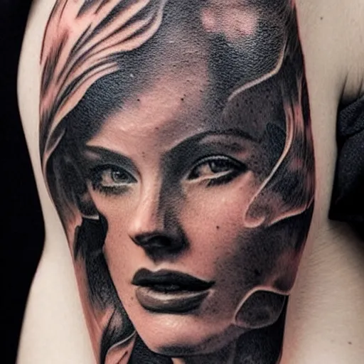 Image similar to a tattoo design of a beautiful girl faded in a mountain scene, in the style of den yakovlev, hyper - realistic, amazing detail