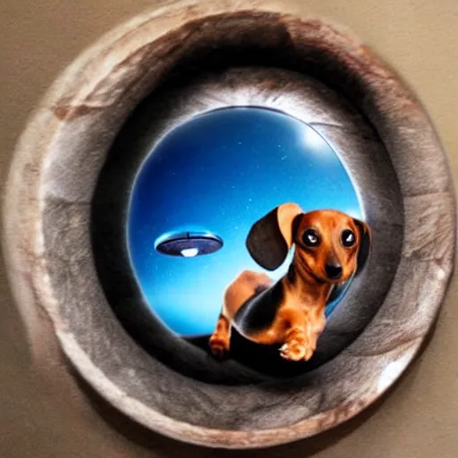 Prompt: dachshund jumping into a portal to another world