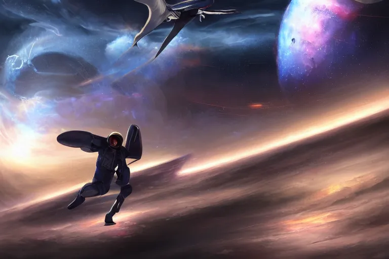 Image similar to character design, a human pilot back turned, holding a helmet, he walks towards his craft, helmet in hand, pterosaur styling on the space suit, kanji insignia and numbering, Raymond Swanland and Jessica Rossier nebula like clouds in space background near a ringed gas giant, hyper detailed hyper detailed, 8k, ultra realistic, cinematic lighting, ultra wide 35mm lens, Boeing Concept Art, Lockheed concept art