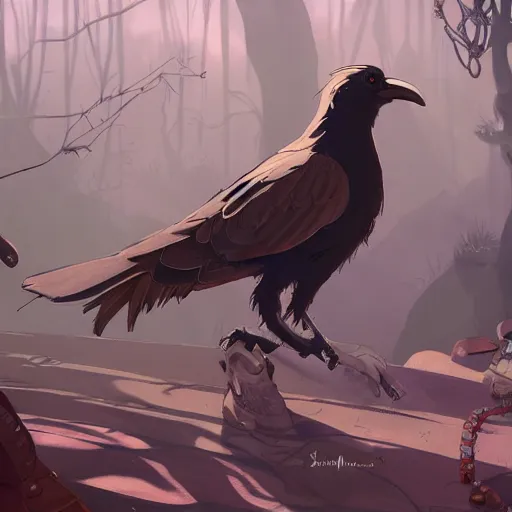 Image similar to concept art painting of an anthropomorphic crow person with steampunk clothes, in the deep forest, realistic, detailed, cel shaded, in the style of makoto shinkai and greg rutkowski and james gurney