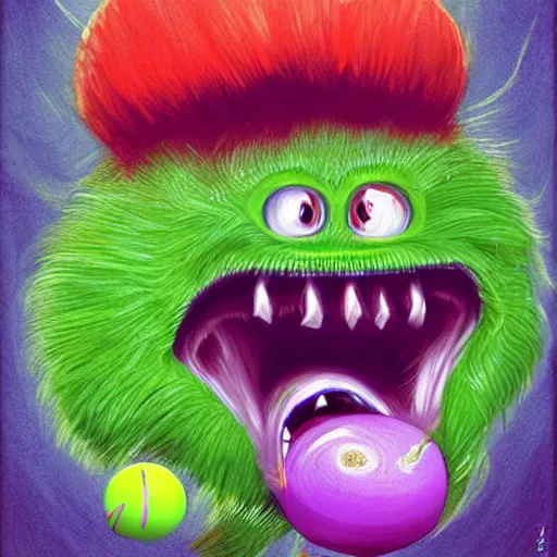 Image similar to a screaming tennis ball monsters, startled surprised face, oh shit face, colorful, digital art, fantasy, magic, chalk, trending on artstation, ultra detailed, professional illustration by basil gogos