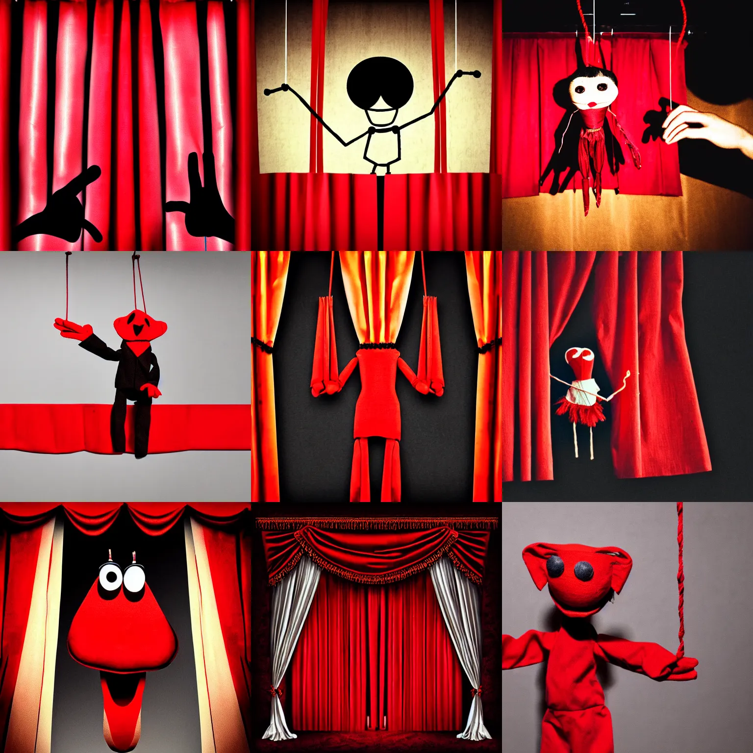 Prompt: puppet on strings behind red curtains, hand puppet strings, dark ambiance, realism,an album cover