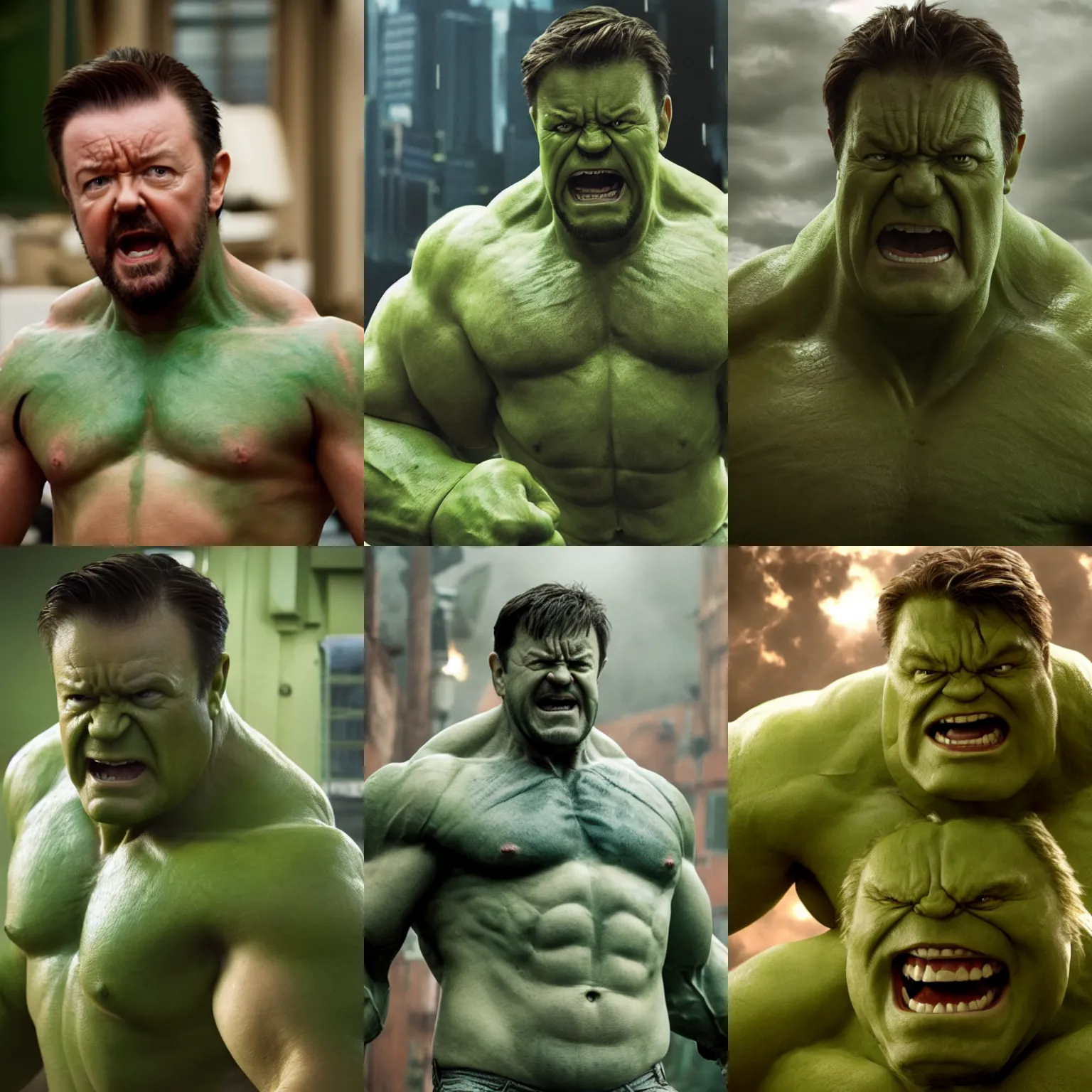 Prompt: movie still of Ricky Gervais as The Hulk, 4k, high quality