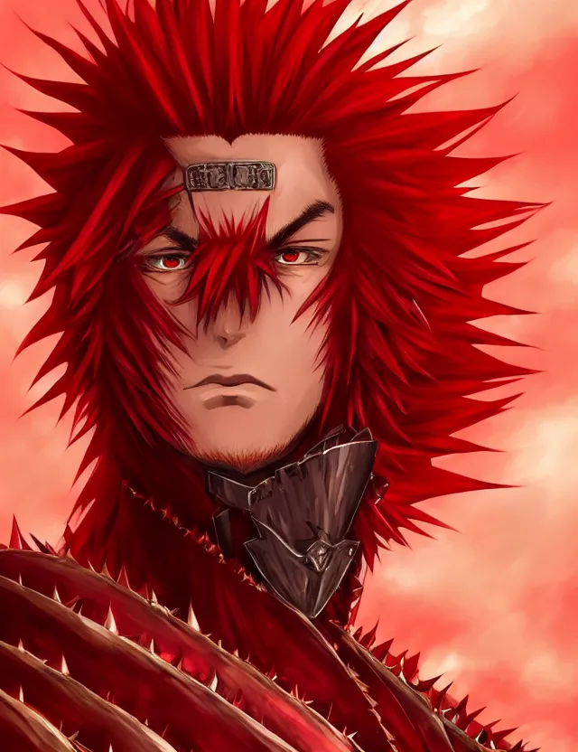 Image similar to a detailed manga portrait of a handsome tall man with spiked crimson hair in fiery crimson crystalline armour, trending on artstation, digital art, 4 k resolution, detailed, high quality, sharp focus, hq artwork, coherent, insane detail, character portrait