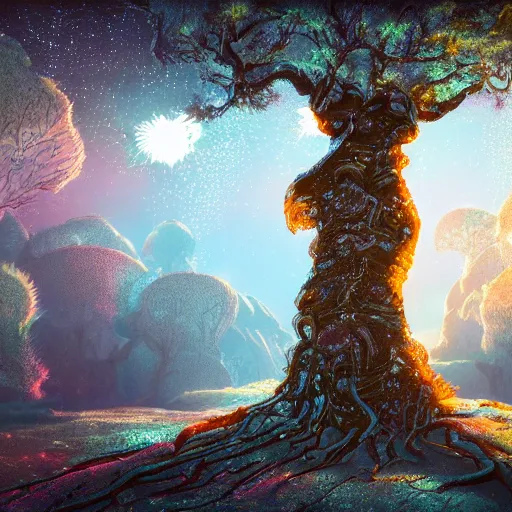 Image similar to matte painting of a beautiful tree with a shining cristals in its center and opulent crystals! at it's base set in an alien landscape, by Pail Lehr and Dan Mumford and Dan Hillier, octane rendered, 8k resolution,