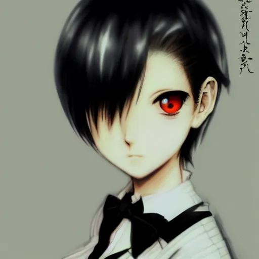 Image similar to Yoshitaka Amano realistic illustration of an anime girl with short white hair and black eyes wearing tuxedo, black and white battle background from Earthbound game, film grain effect, highly detailed, Renaissance oil painting