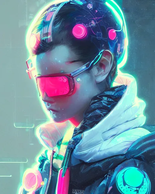 Image similar to detailed portrait Neon Operator Girl, cyberpunk futuristic neon, reflective puffy coat, decorated with traditional Japanese ornaments by Ismail inceoglu dragan bibin hans thoma greg rutkowski Alexandros Pyromallis Nekro Rene Maritte Illustrated, Perfect face, fine details, realistic shaded, fine-face, pretty face