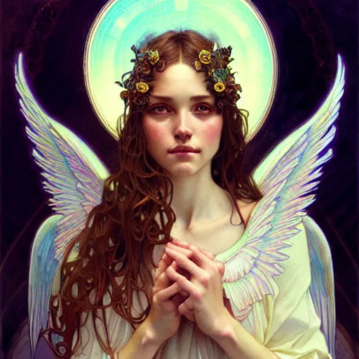 Image similar to Portrait of an angel girl with glowing halo and highly detailed intricate wings, art nouveau, fantasy, intricate, elegant, highly detailed, digital painting, artstation, concept art, smooth, sharp focus, illustration, art by Krenz Cushart and Artem Demura and alphonse mucha