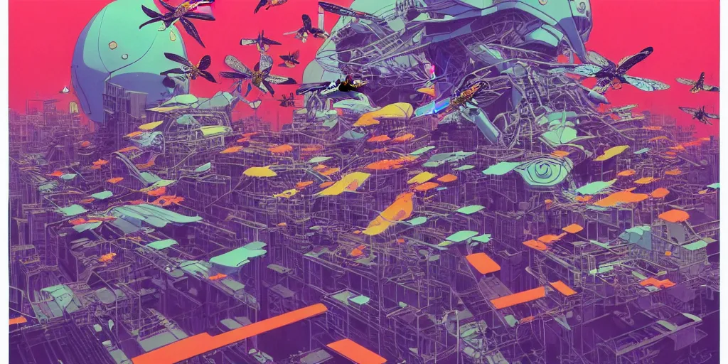 Image similar to risograph rendition, gigantic mecha arzach birds with dragonflies, tiny rats, a lot of exotic animals around, big human faces everywhere, helicopters and tremendous birds, by satoshi kon and moebius, matte bright colors, surreal design, crispy, super - detailed, a lot of tiny details, fullshot