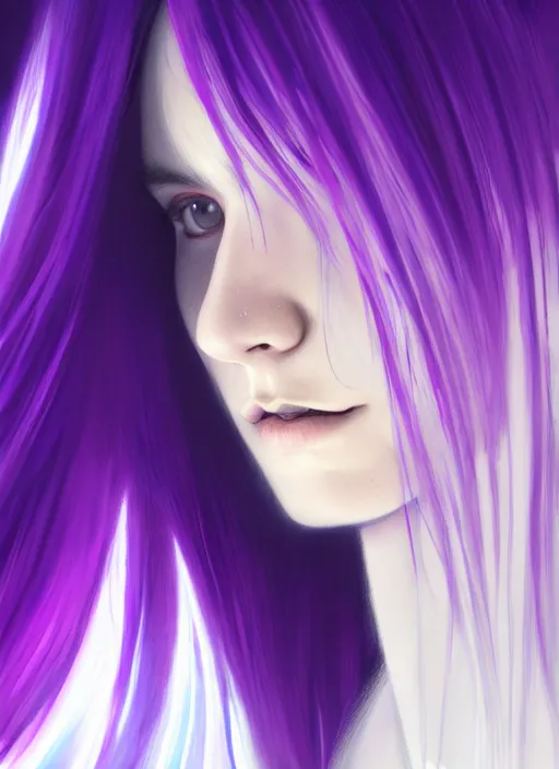 Image similar to hair whitebangs hair, black hair, whitebangs, portrait of teenage girl with white bangs, red irises, purple clothes, white bangs, bangs are different color from hair, intricate, elegant, glowing lights, highly detailed, digital painting, artstation, concept art, smooth, sharp focus, illustration, art by wlop, mars ravelo and greg rutkowski