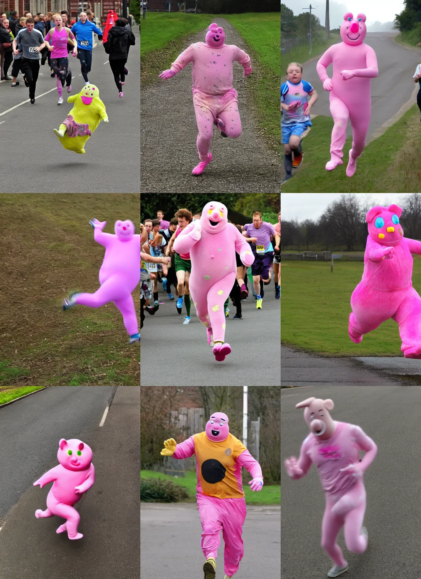 Prompt: A photo of Mr Blobby fell running