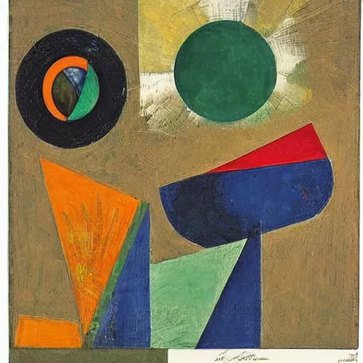 Prompt: an artwork by max ernst and kurt schwitters, mix of geometric and organic shapes, both bright and earth colors