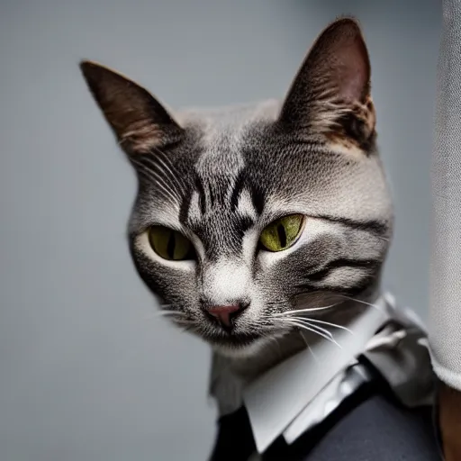 Prompt: high detail shot of a cat wearing a suit, realism 8k