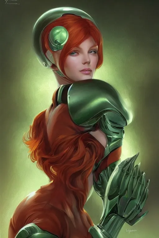 Prompt: Redhead alien human beautiful hybrid feminine woman with stunning green eyes, very in shape, round face and a roundish nose as a futuristic heroine, gorgeous digital painting, artstation, concept art, smooth, sharp focus, illustration, art by artgerm and donato giancola and Joseph Christian Leyendecker, Ross Tran, WLOP