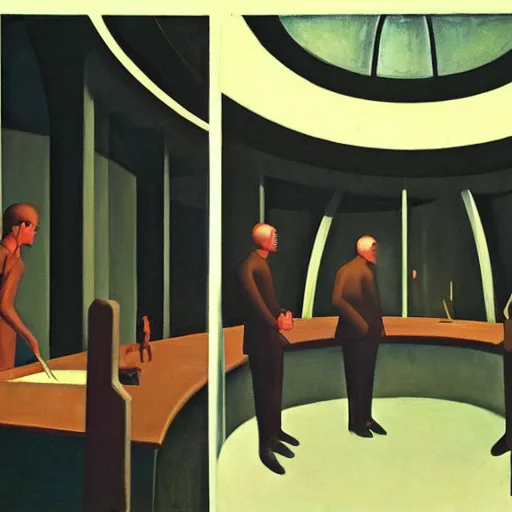 Image similar to three brutalist judges with glowing eyes, inside a dome, pj crook, grant wood, edward hopper, syd mead, chiaroscuro, oil on canvas