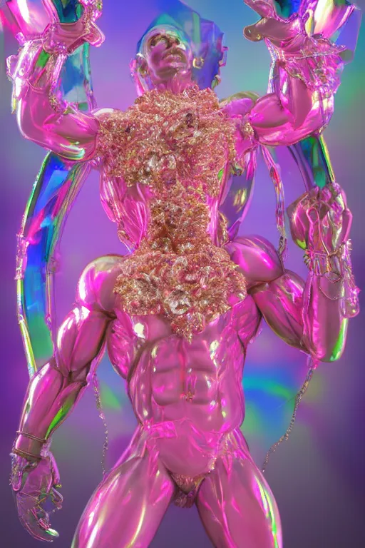 Prompt: hyper detailed ultra sharp fullbody photo of baroque and cyberpunk transparent pink gem sculpture of a muscular seductive muscular macho italian man feeling muy cachondo, muy dotado, iridescent humanoid deity wearing pink plastic seethrough cloak, holding a rainbow tiger gem, blue diamond, glowing pink face, crown of white diamonds, cinematic lighting, photorealistic, octane render 8 k