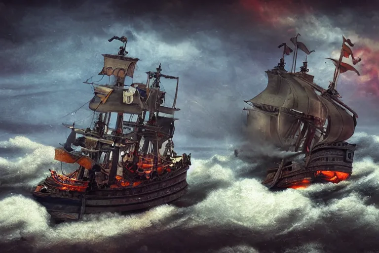 Image similar to epic pirate ship cannon battle in a storm, in the style of vernon grant and chris van allsburg, trending on artstation, bright tilt - shift camcorder effect, photoshop, retrowave, hyperrealism, octane, sharp focus, masterpiece