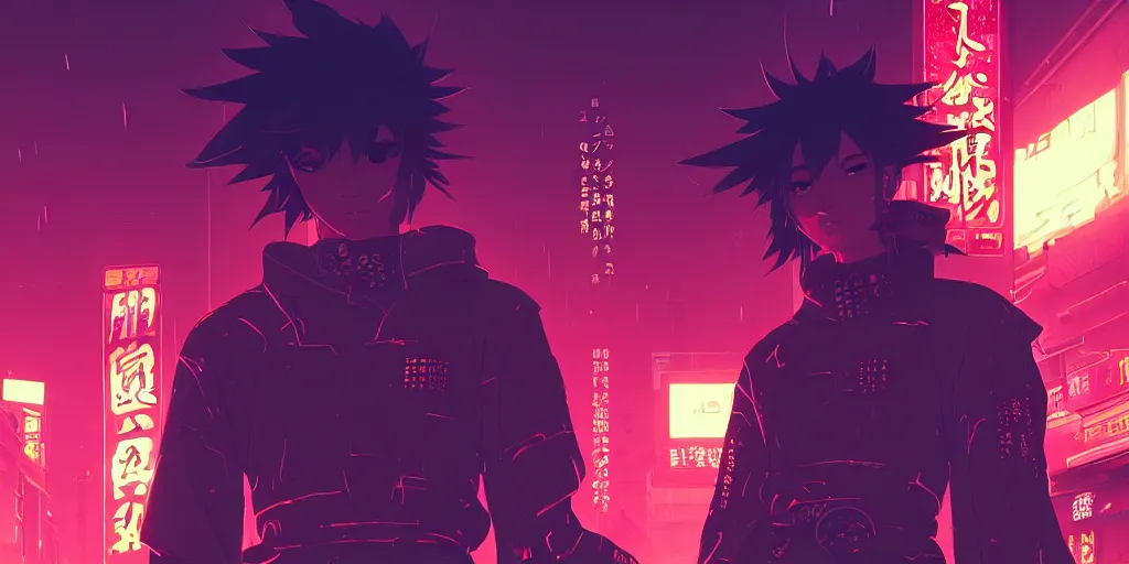 Image similar to digital illustration closeup of cyberpunk samurai in city street at night by makoto shinkai, ilya kuvshinov, lois van baarle, rossdraws, basquiat | afrofuturism, in the style of hearthstone, trending on artstation | cool color scheme