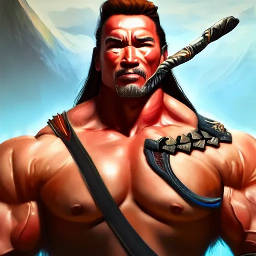 Prompt: a screenshot of arnold schwarzenegger as hanzo in overwatch, portrait, fantasy, beautiful face, vivid colors, elegant, concept art, sharp focus, digital art, hyper - realistic, 4 k, unreal engine, highly detailed, hd, dramatic lighting by brom, trending on artstation