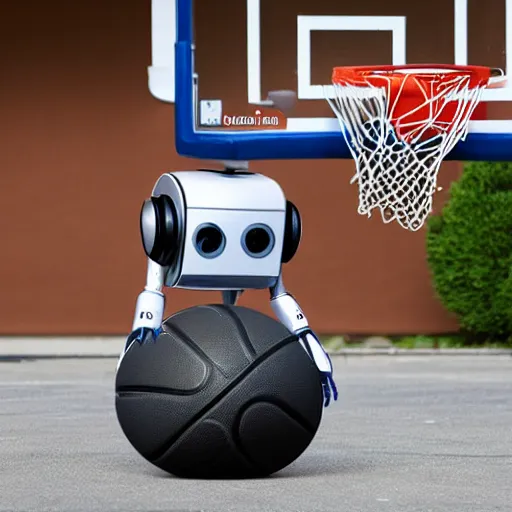 Prompt: robot flying droid with basketball hoop