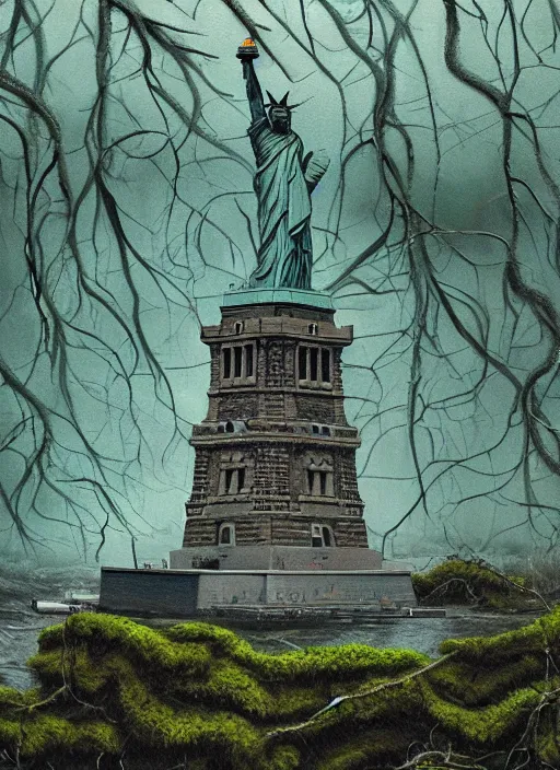 Image similar to hyper detailed oil painting of the statue of liberty; cracked, decaying, covered in moss and vines; thunderstorm; moody cinematic lighting, painted by Greg Rukowtski, trending on Artstation