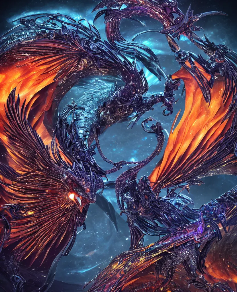 Image similar to close-up macro portrait of the dark queen, epic angle, epic pose, symmetrical artwork, photorealistic, iridescent, 3d with depth of field, blurred background. cybernetic phoenix bird, translucent dragon, nautilus. energy flows of water and fire. a highly detailed epic cinematic concept art CG render. made in Maya, Blender and Photoshop, octane render, excellent composition, cinematic dystopian brutalist atmosphere, dynamic dramatic cinematic lighting, aesthetic, very inspirational, arthouse