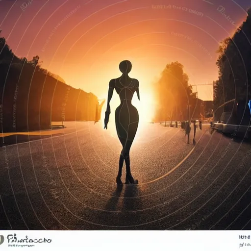 Image similar to a calming photograph of a tall, slender, humanoid robot caresses a beautiful woman in the face, large shot, wide shot, in a street, sunset photo