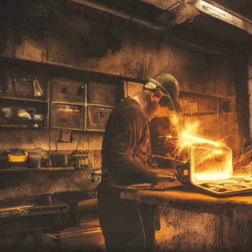 Image similar to cyborg toaster oven repairman, dark messy smoke - filled cluttered workshop, dark, dramatic lighting, orange tint, sparks, plasma rays, cinematic, highly detailed, sci - fi, futuristic, movie still, rule of thirds composition