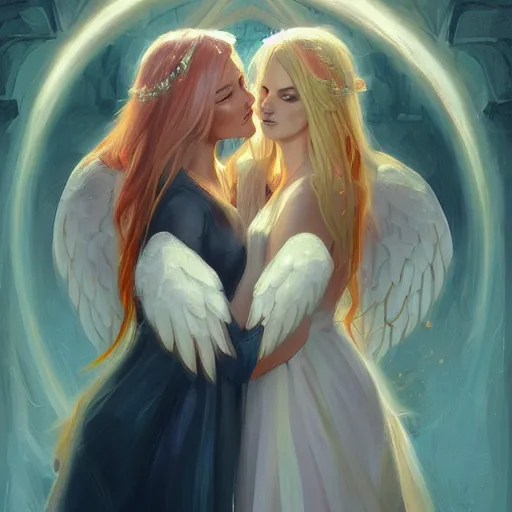 Image similar to a painting two young women in their twenties hugging, they are both beautiful with long blond hair, one of the girls has a halo above her head and angel wings, highly detailed, digital art, andreas rocha