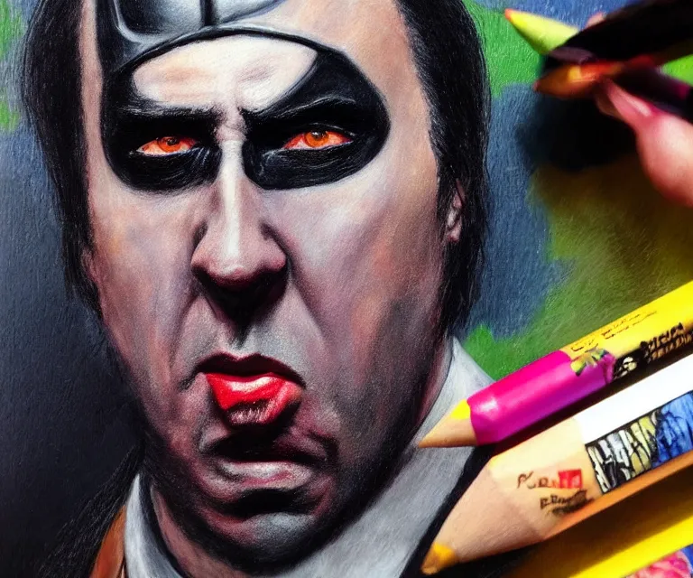 Prompt: “ nicholas cage as sad batman, eating crayons from the box, simple, hyperrealism, photorealistic, 8 k, high def ”