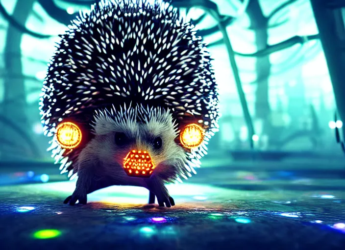 Image similar to intricate hedgehog with leds instead of needles, on the background of a weird magical mechanical forest. Very detailed 8k. Fantasy cyberpunk horror. Sharp. Cinematic post-processing. Unreal engine. Nanite. Ray tracing. Parallax. Tessellation