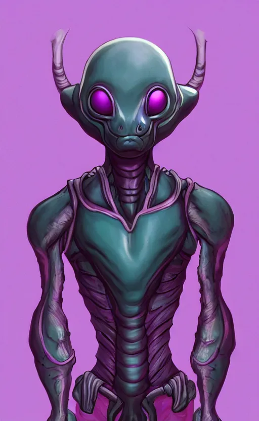 Image similar to character portrait art, ant alien, trending in artstation, purple color lighting