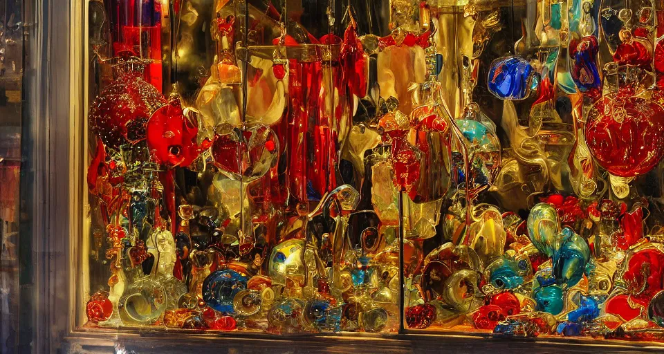 Prompt: murano glass in a shop window in venice at christmas, oil painting