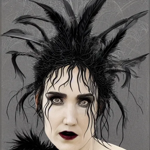 Image similar to jennifer connelly as odile the black swan, gray skin, wearing black hooded cloak, black feathers instead of hair, black feathers growing out of skin, bumpy skin, screaming, losing control, black feathers growing out of face, black hands with black claws, highly detailed, comic book, romantic, mike mignogna, david mack, trending on artstation