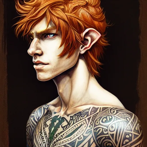 Image similar to portrait painting of an elven young man with short ginger hair and tribal tattoos wearing light armor, sharp focus, award - winning, trending on artstation, masterpiece, highly detailed, intricate. art by rebecca guay