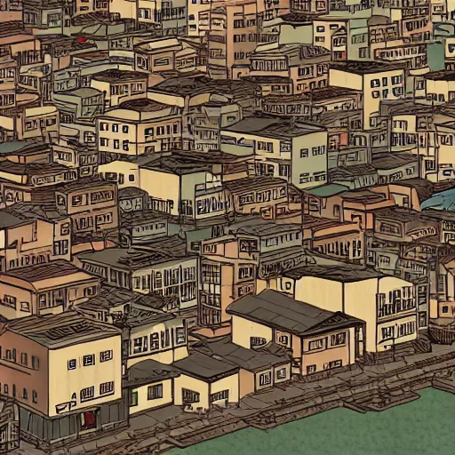 Image similar to japanese fishing town, japanese city, underground city, modern city, tokyo - esque town, 2 0 0 1 anime, cel - shading, compact buildings, sepia sunshine