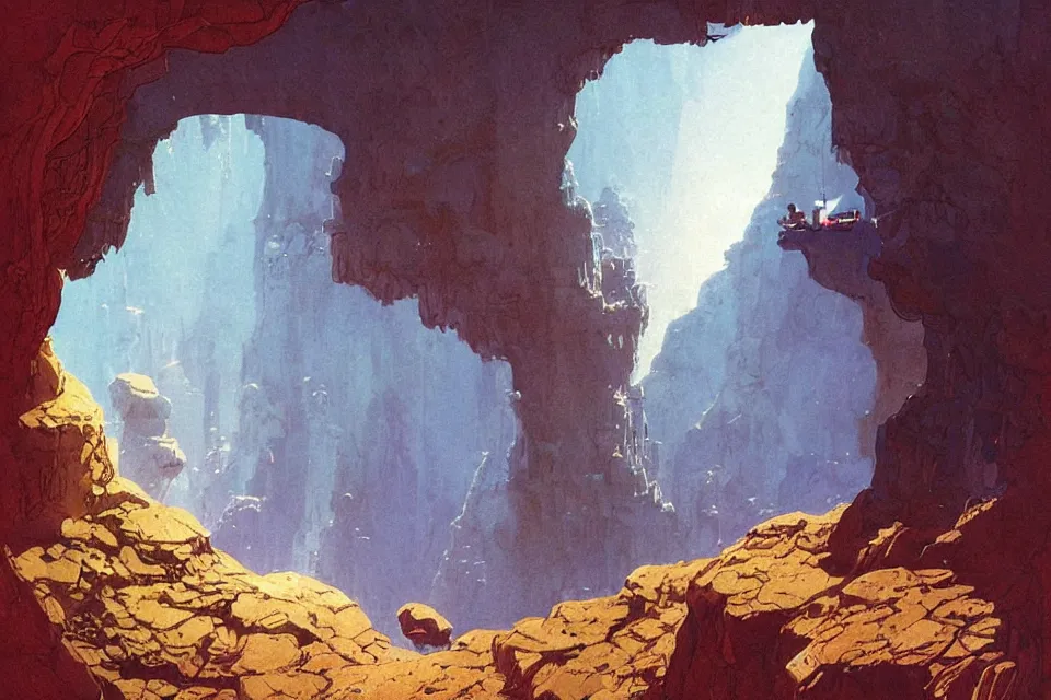 Image similar to i live in a cave, i live to create, by moebius and john harris, atmospheric blues, concept art, saturation 40