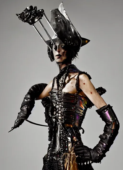 Image similar to a woman with iridescent skin, pirate weapons, by van herpen, iris