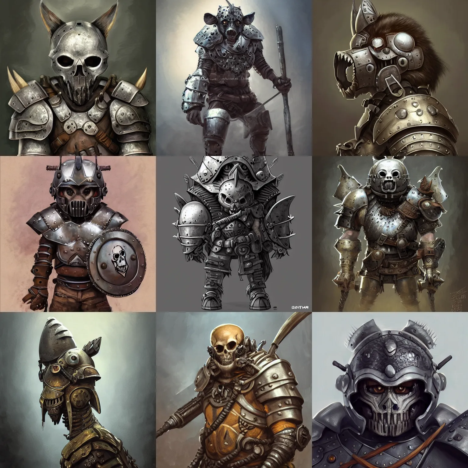 Prompt: portrait of a gnoll wearing a skull - shaped steel helmet and plate armor, half body, single subject, ambient lighting, highly detailed, digital painting, trending on pixiv fanbox, studio ghibli, extremely high quality artwork, art by ross tran and artgerm and makoto shinkai and alphonse mucha
