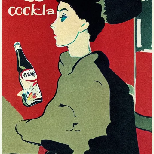 Image similar to a woman in a parka drinking a bottle of coke in an icy landscape, constructivist, russian, soviet advertisement, 1 9 6 0's, by henri toulouse lautrec