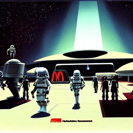 Image similar to ralph mcquarrie concept art of a futuristic mcdonalds. a space station is seen off in the distance with various droids and people walking in the foreground. a trooper is seen holding a brown mcdonalds bag.