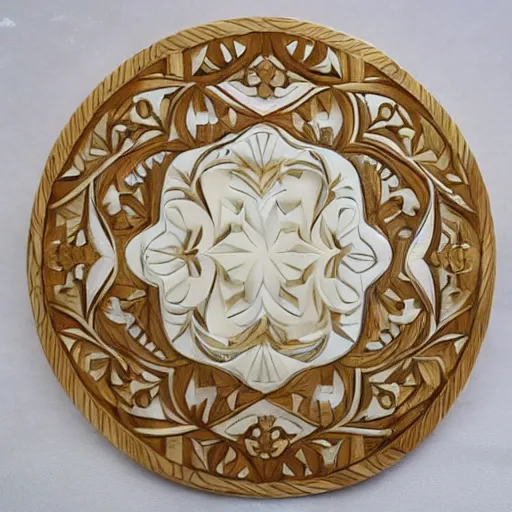 Prompt: wood carved mendala hyper realistic detailed luminous ivory and gold inlay