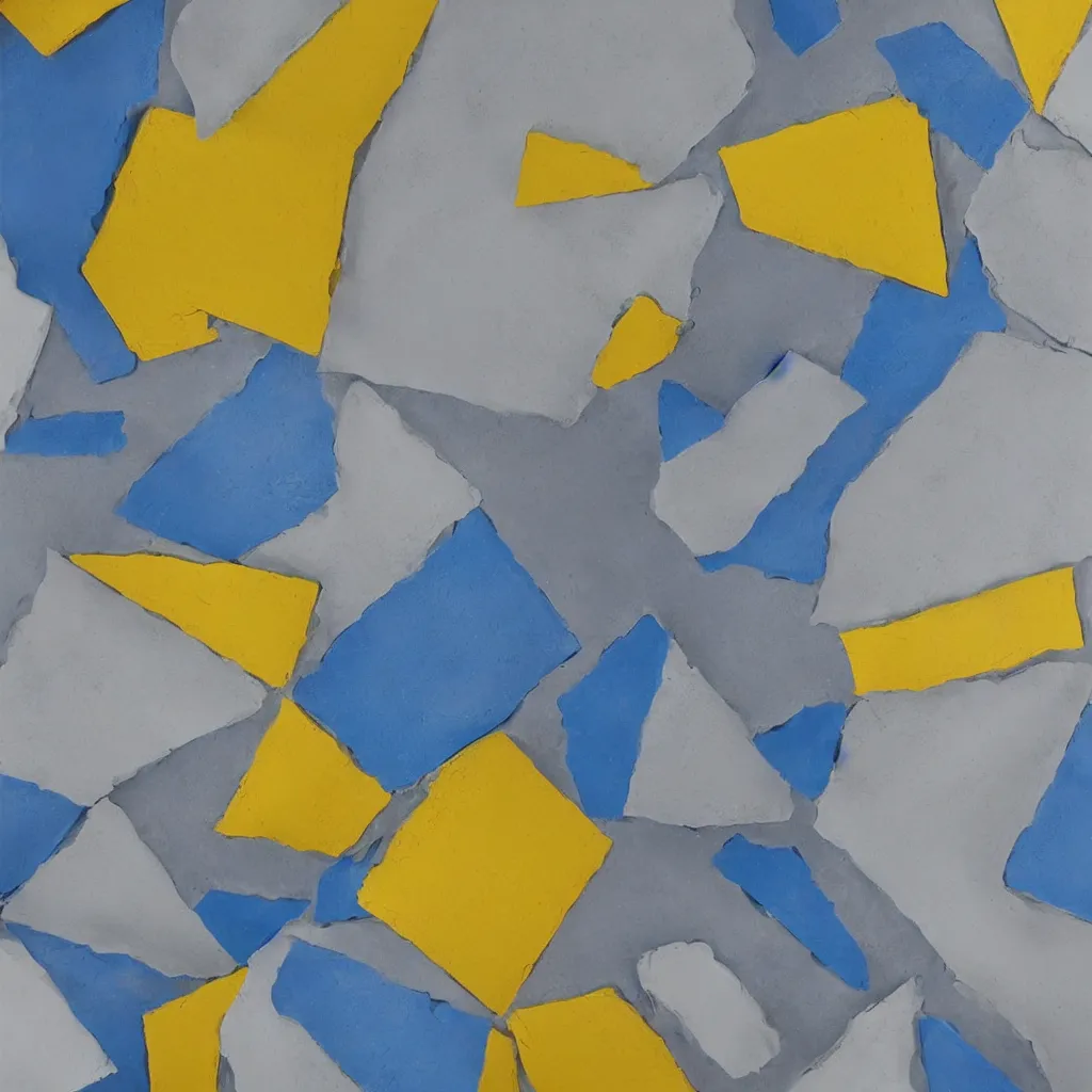 Image similar to 3 dimensional solid large geometric 3 d shapes made of solid impasto oil paint, with strong top right lighting creating shadows, colours cream naples yellow and blue - grey