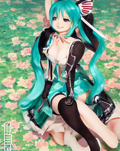 Prompt: Hatsune Miku full body pin up modeling in idol unioform, with a park in the back ground, post war style, detailed face, american postcard art style, by Krenz Cushart and Randolph Stanley Hewton and Charlie Bowater